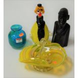 A Venetian glass basket, clown decanter and stopper, together with a Mdina studio glass squat