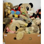 Two boxes of assorted early 20th century and later childs soft toys to include mohair rabbit, etc