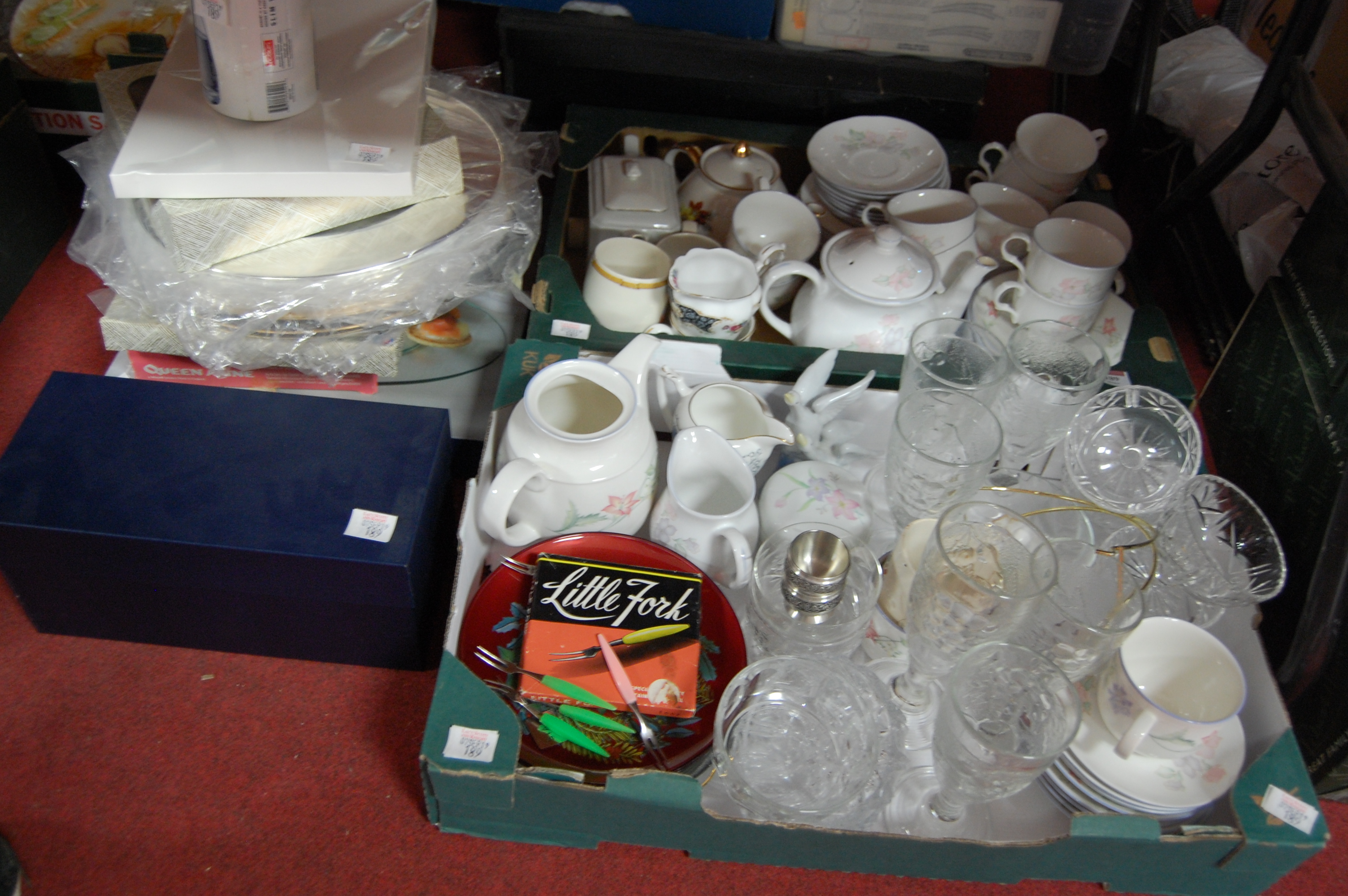 Two boxes of assorted household china and glass to include commemorative teapot