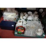 Two boxes of assorted household china and glass to include commemorative teapot