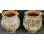 A pair of terracotta twin handled bulbous garden planters, h.59.5cm