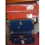 Two metal bound canvas trunks, together with a leather suitcase (3)