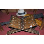 A Middle Eastern stained hardwood, mother of pearl and wire inlaid X-frame folding stool, together