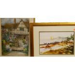 Assorted pictures and prints to include cottage garden watercolour with body colour