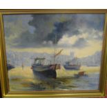 Bill Hadley - boats at harbour, oil on canvas, signed lower left, 50x60cm, and three other