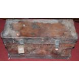 An early 20th century tan leather clad and galvanised metal mounted hinge-top travelling ammo box,