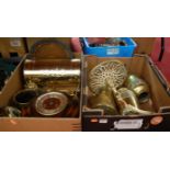 Two boxes of miscellaneous items, to include pair of brass vases, oak cased mantel clock, modern