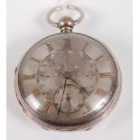 A Victorian Gents silver cased and open faced pocket watch, having engine turned silver dial with