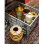 One box containing mixed stoneware flagons and barrel dispensers etc