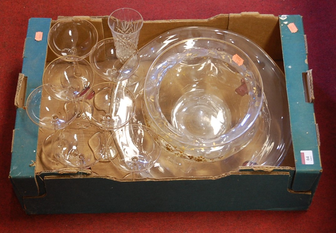 A box of miscellaneous glassware, to include an early 20th century Moser style jardinière of squat