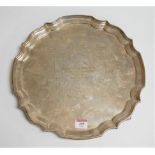 A modern silver salver, having raised piecrust rim and presentation inscriptions, maker J.B.