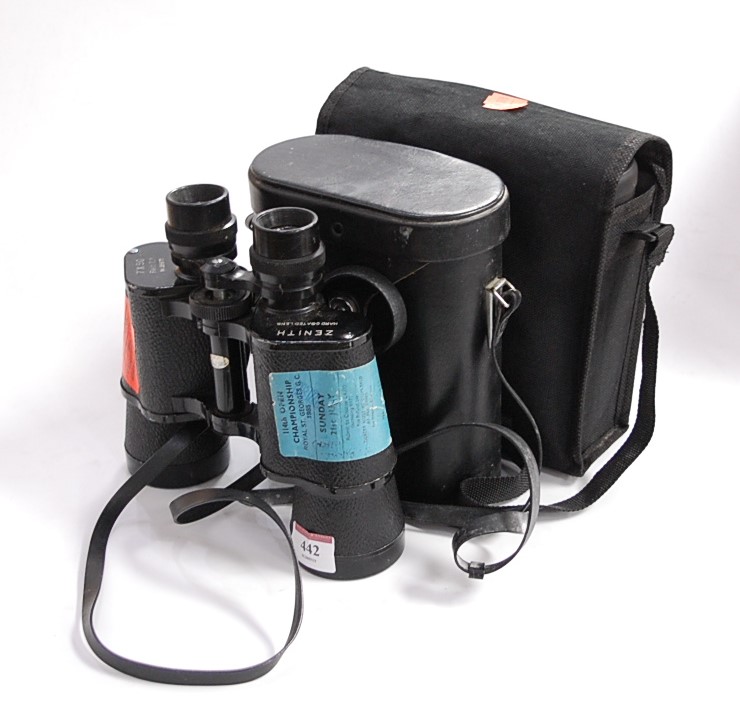 A pair of Zenith 7x50 binoculars together with a pair of Chinon 10x40 compact wide binoculars, and