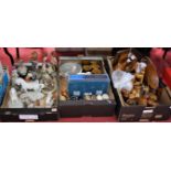 Three boxes of miscellaneous items, to include various Capo di Monte figures, treen animals,