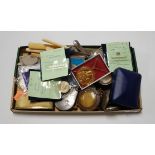 A box of miscellaneous items to include early 20th century continental silver cased ladies fob watch