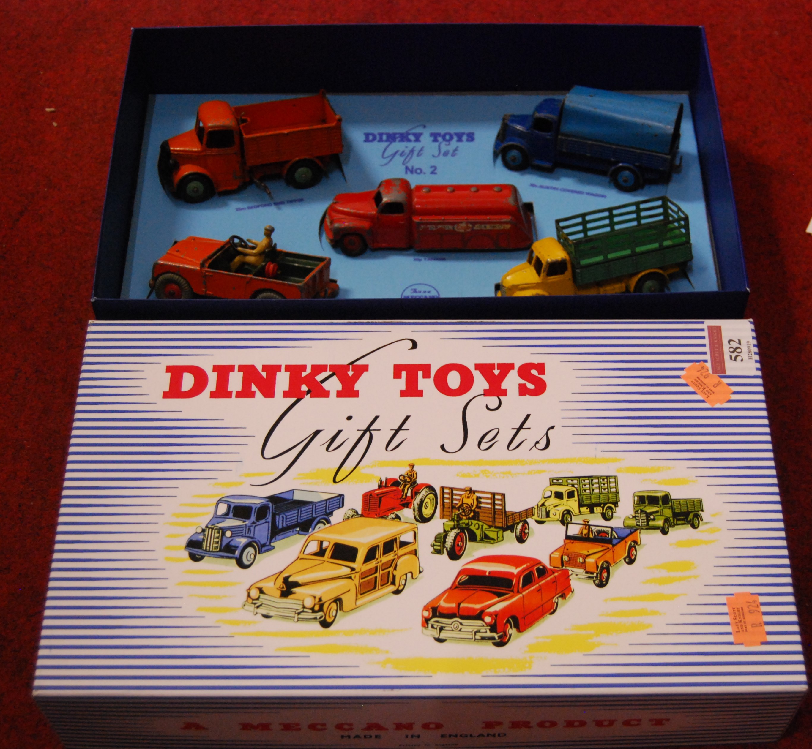 A reproduction Dinky Toys No. 2 gift set box containing period Dinky Toys to include Austin van,