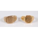 An 18ct gold gent's signet ring, 3.3g; together with a 9ct gold example, 3.2g (2)