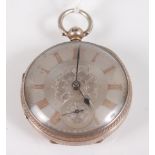 A late Victorian Gents silver cased open faced pocket watch, having engine turned silvered dial,