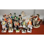 A collection of modern continental porcelain figures of soldiers, each in standing pose, titled to