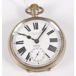 A gent's nickel cased oversize fob watch, the white enamel dial having subsidiary seconds dial,