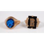 A gent's 9ct gold blue stone set signet ring, size T; together with a jet set example, gross