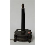 A spelter table lamp base having a fluted column to a circular base with scrolled feet, height