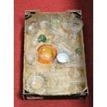 A box of miscellaneous mainly glassware, to include Whitefriars style amber glass circular bowl with