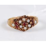 A late Victorian 15ct gold, ruby and natural seed pearl set dress ring, 1.9g, size M