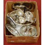 A box of assorted plated wares, to include three-piece tea set