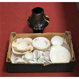 A box of miscellaneous items, to include large stoneware pottery vase with slip glaze decoration,