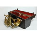 An early 20th century Thibouville Lamy brass cornet, class C, in fitted wooden box