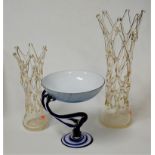 A modern stone and wrought iron two-tier planter together with a pair of hand blown art glass