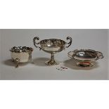 A George V silver pedestal bonbon dish; together with a silver sugar bowl; and a silver low footed