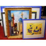 Contemporary art works, to include North African oil on canvas, worshippers leaving the mosque