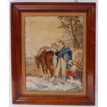 A Victorian needlework panel of Robert Burns, depicted standing beside his horse in a landscape,