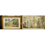 W Weekes - continental street scene, lithograph, townscape, amateur oil on board, and English school
