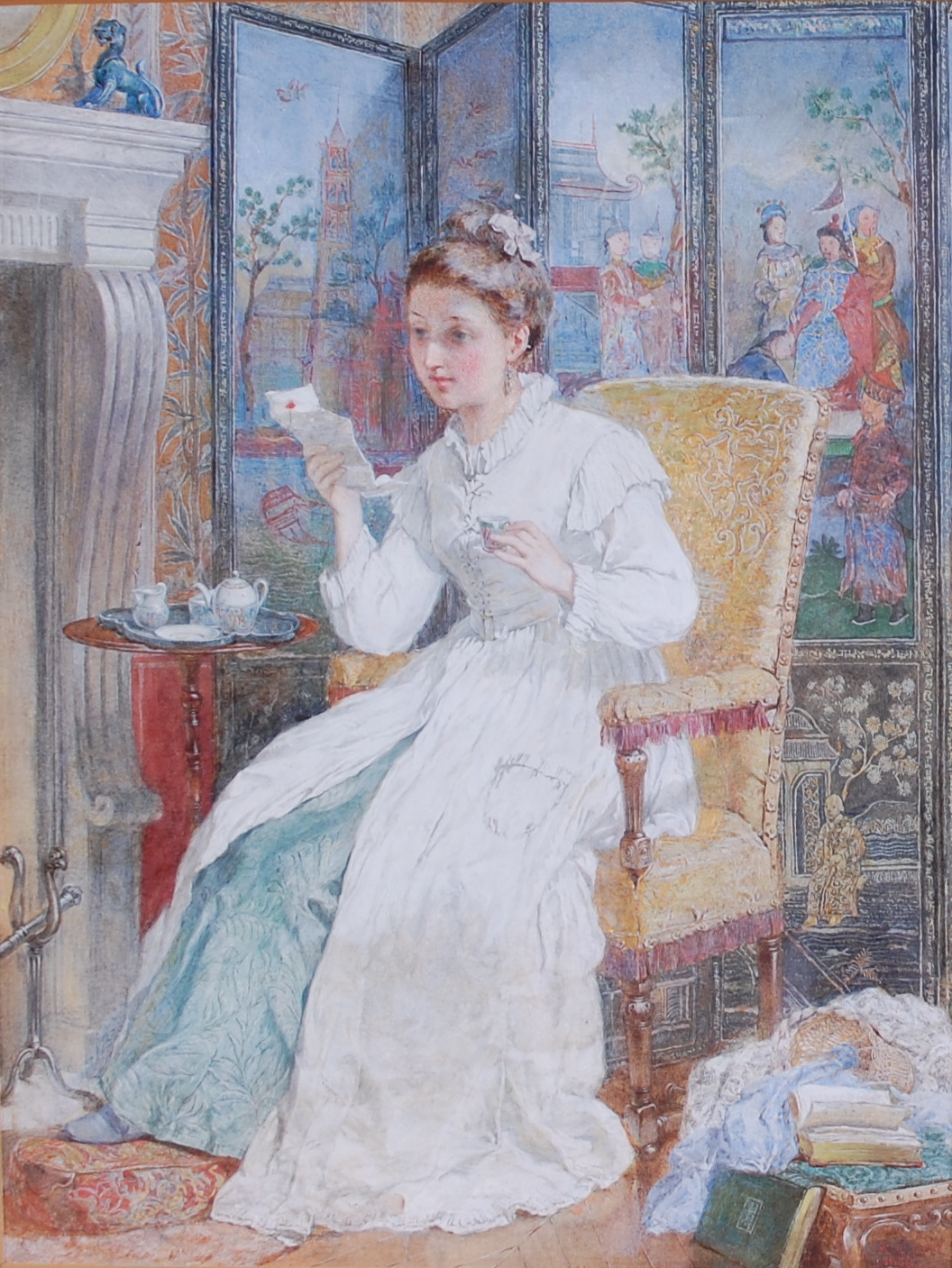 Andrew Carrick Gow RA (1848-1920) - The love letter, watercolour heightened with white, signed and