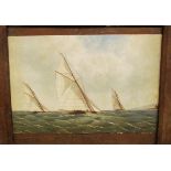 C.H. Lewis - Sailing boats off the coastline, watercolour, 19 x 29cm