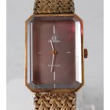 A gents gold plated Omega de Ville manual wind wristwatch, with octagonal brown quarter baton