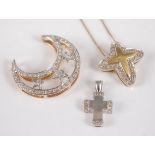 Three assorted pendants, comprising; a 9ct yellow and gold openwork crescent moon with three