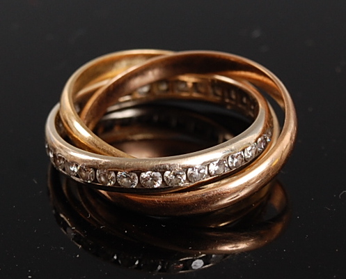 A yellow, white and rose metal Russian wedding ring , the white band channel set with 32 round - Image 2 of 2