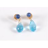 A pair of topaz and sapphire earrings, the briolette cut topaz with round sapphire cabochons