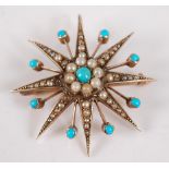 A circa 1900 yellow metal, seed pearl and turquoise set star brooch, unmarked but tests as 9ct gold,