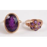 A pair of 9ct gold amethyst rings, one consisting of an oval faceted amethyst measuring approx 17.