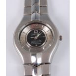 A gent's Omega Constellation steel cased quartz wristwatch, having a signed black and silvered