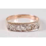 A yellow and white metal diamond five stone half hoop eternity ring, the five old European cut