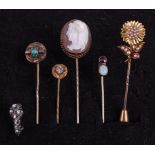 A Victorian seed pearl and yellow metal flower head stick-pin, 6cm; together with a ruby and opal