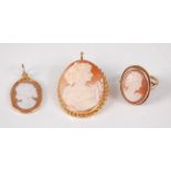 A 9ct gold carved shell cameo ring, size L; together with a carved shell cameo brooch depicting