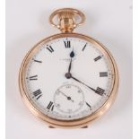 A George V gent's 9ct gold cased open faced pocket watch, having a white enamel dial with subsidiary