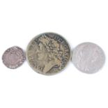 James I (1603-1625), silver penny, obv; rose, rev; thistle, together with a James II 1689 gun