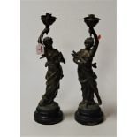 After Moreau, a pair of late 19th century spelter figural lamp bases, each in the form of a lady